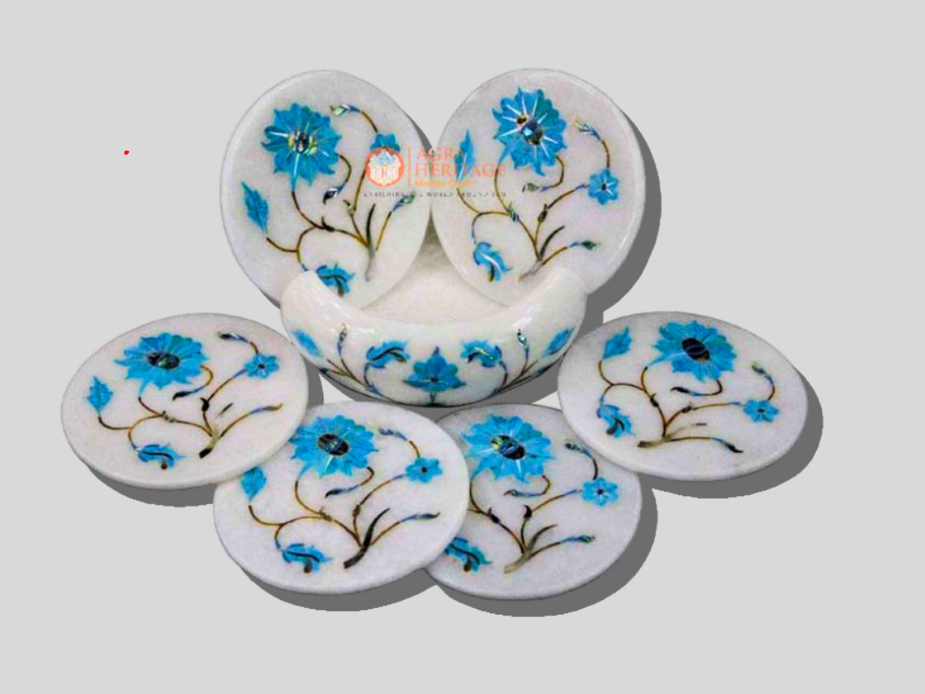 Marble White Turquoise Stone Floral Coaster Set